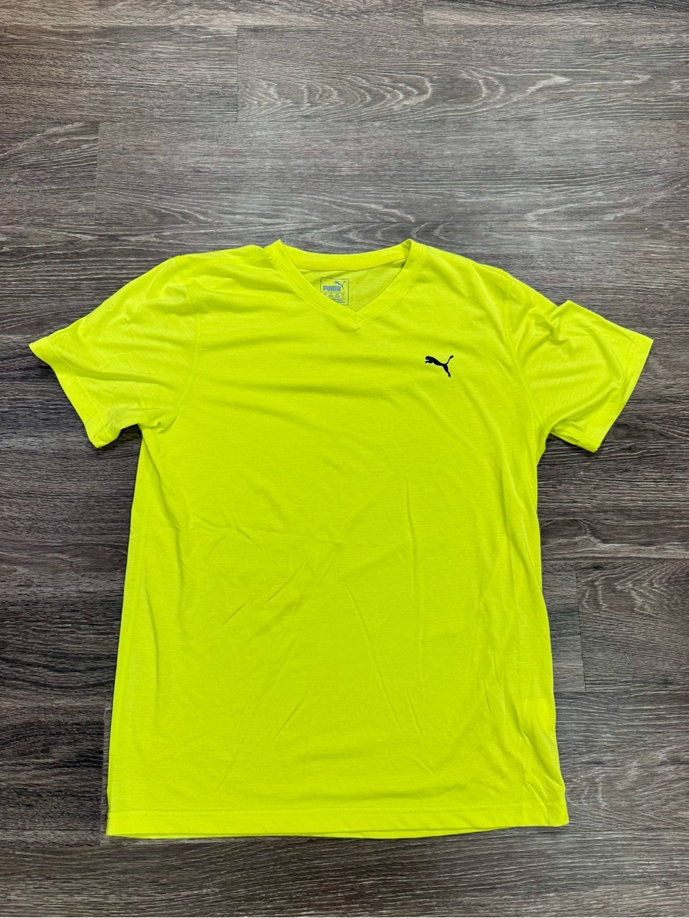 Puma DryCELL Neon Yellow V Neck Athletic Tee Shirt Mens Large Running